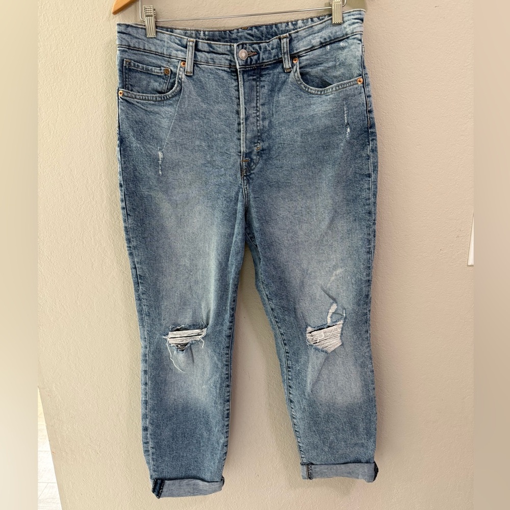 H&M &Denim Mom Jeans Ultra High Waist Distressed Light Wash Size 10